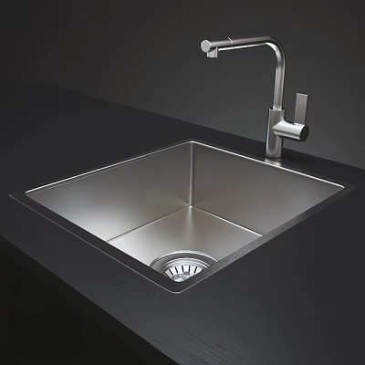 Modern Stainless Steel Kitchen Sink with Faucet and Dark Countertop Design 3d model