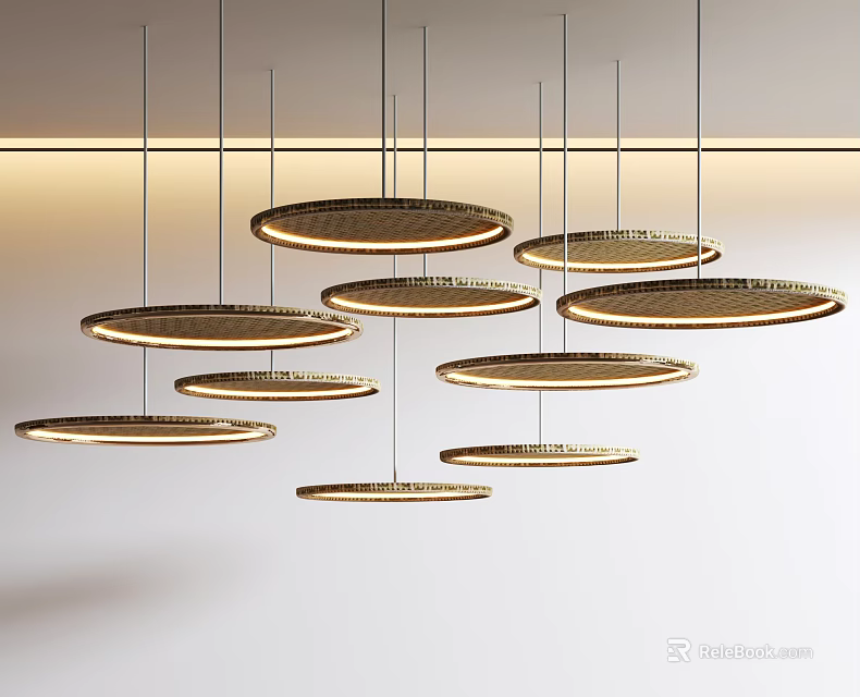 Multiple Modern Circular Chandeliers With Metallic Frames And Warm Lighting In Contemporary Design 3d model