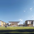 Modern School Buildings On Green Campus With Blue Sky And Lawn Area