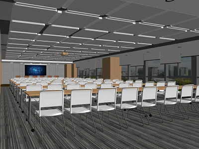 Spacious Modern Conference Room With Arranged Tables Chairs Large Screen And Windows 3d model