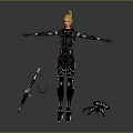Game Movie Character with Blonde Hair Black Armored Bodysuit Arms Outstretched and Sword Gear