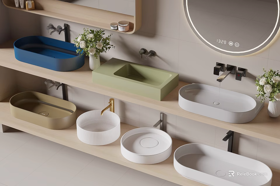 Modern Stylish Washbasins In Multiple Colors Displayed On Wooden Shelves With Faucets And Mirror 3d model 