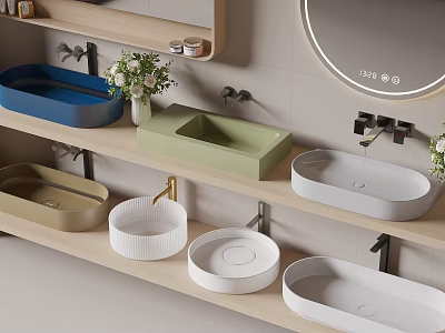 Modern Stylish Washbasins In Multiple Colors Displayed On Wooden Shelves With Faucets And Mirror 3d model