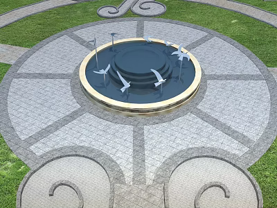 Circular Garden Ornament With Black Center White Bird Decorations Gray Brick Ground And Green Lawn 3d model