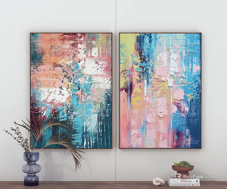 Colorful Abstract Paintings With Pink Blue Yellow Tones Hanging On White Wall 3d model 