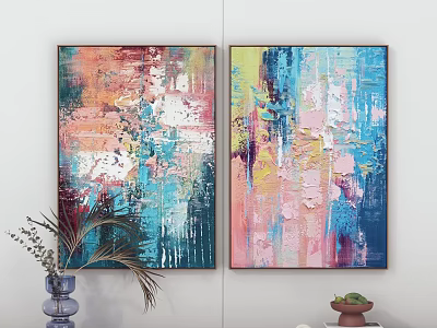 Colorful Abstract Paintings With Pink Blue Yellow Tones Hanging On White Wall 3d model
