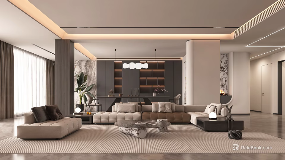 Modern Open Living Dining Room Interior With Sofa Coffee Table Pendant Lights Decorative Plants 3d model 