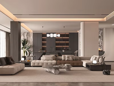 Modern Open Living Dining Room Interior With Sofa Coffee Table Pendant Lights Decorative Plants 3d model