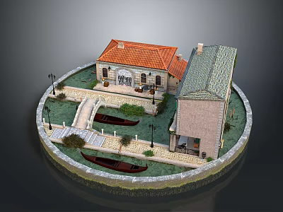 Traditional Building Model With Red Tile Roof Gray Structure Small Path Lawn Boats Street Lamps 3d model