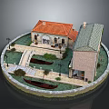 Traditional Building Model With Red Tile Roof Gray Structure Small Path Lawn Boats Street Lamps