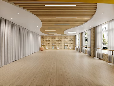 Spacious Dance Studio For Fitness With Wooden Floor And Curtains 3d model