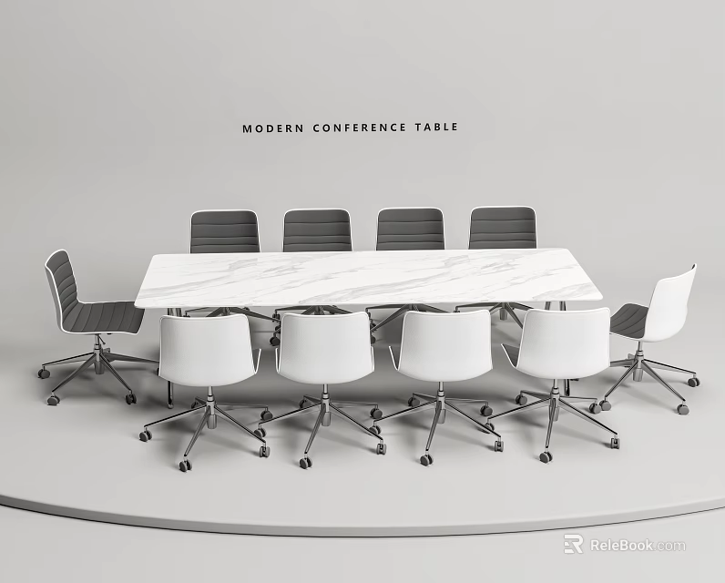Modern Conference Table With Marble Top And Gray White Office Chairs Setup 3d model 
