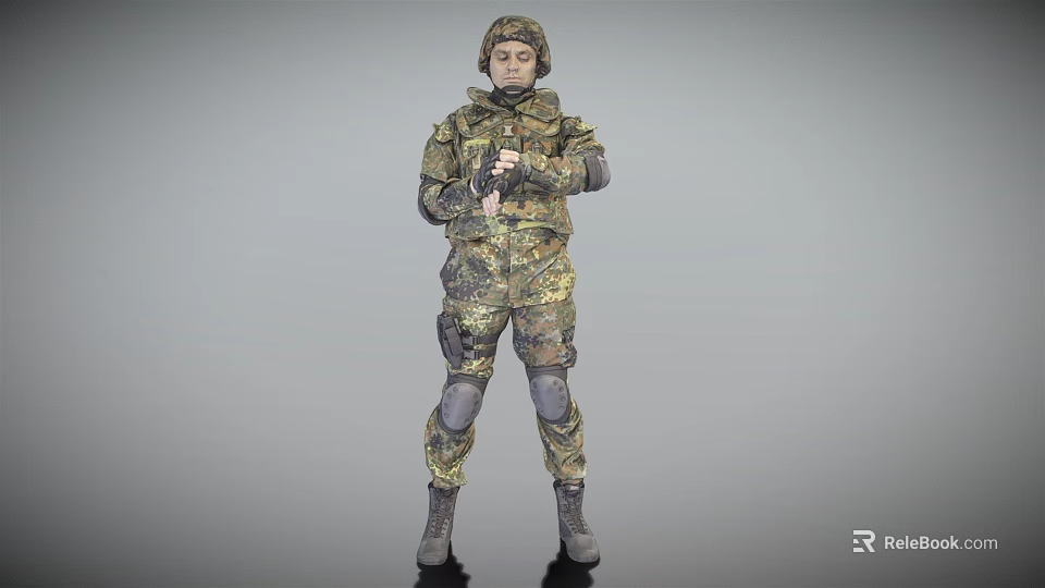 A Man in Military Camouflage Uniform Wearing Helmet With Full Body Gear Against Gray Background 3d model 