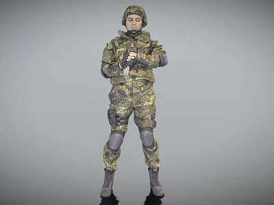 A Man in Military Camouflage Uniform Wearing Helmet With Full Body Gear Against Gray Background 3d model