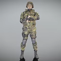 A Man in Military Camouflage Uniform Wearing Helmet With Full Body Gear Against Gray Background
