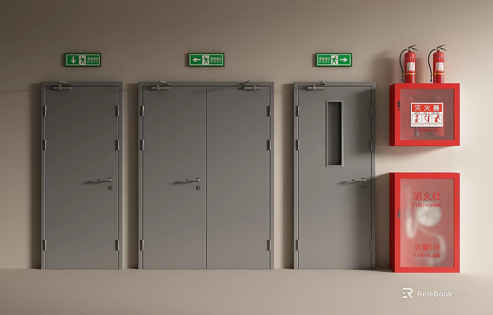 Grey Emergency Exit Doors With Green Signs And Red Fire Equipment 3d model 