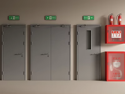 Grey Emergency Exit Doors With Green Signs And Red Fire Equipment 3d model