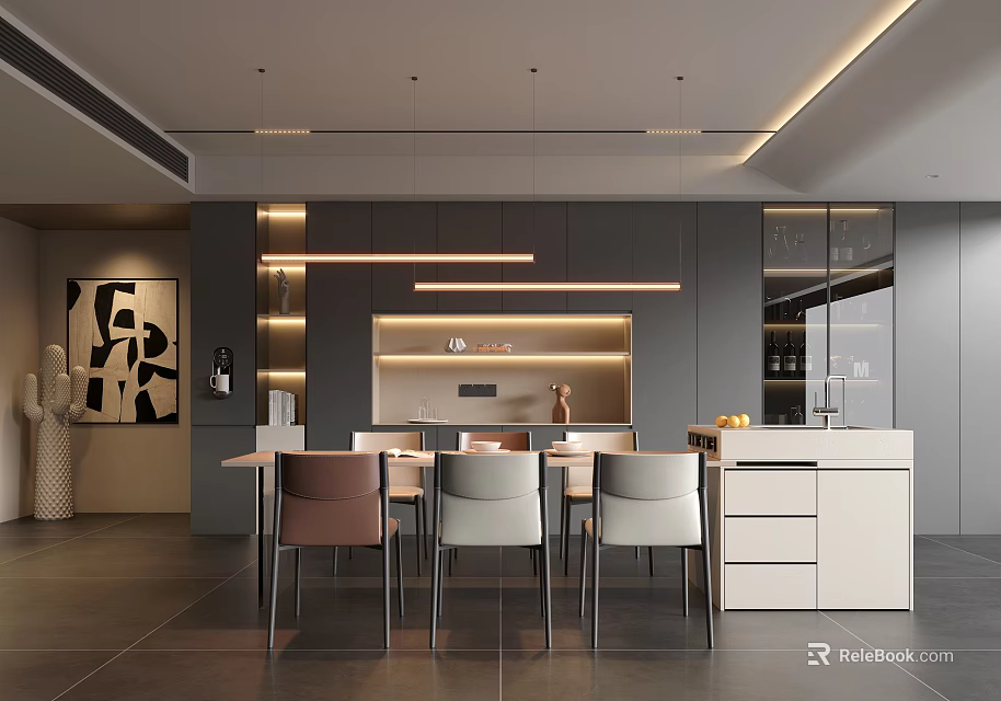 Modern Restaurant Interior Design With Open Layout Dining Table And Pendant Lights 3d model