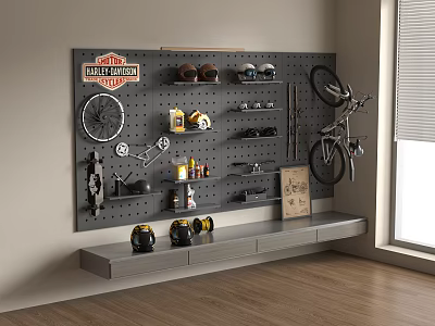 Organized Sports Equipment Storage With Wall Mounted Bicycle Helmets And Gear 3d model