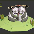 Cute Pandas Snuggling Under Colorful Umbrella With Bamboo And Green Grass