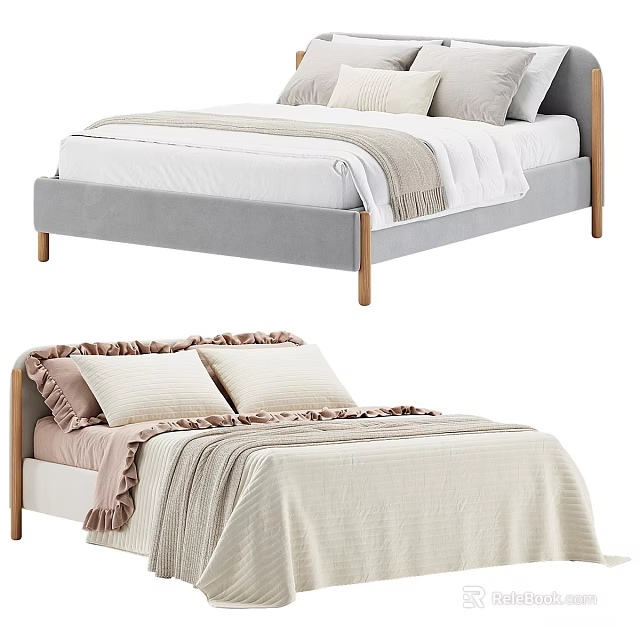 Modern Double Bed With Wooden Frame Beige Bedding Cozy Blanket And Ruffled Pillows 3d model 