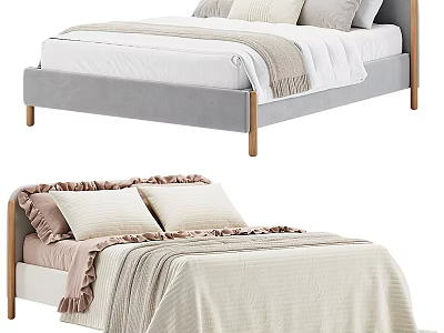 Modern Double Bed With Wooden Frame Beige Bedding Cozy Blanket And Ruffled Pillows 3d model
