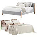 Modern Double Bed With Wooden Frame Beige Bedding Cozy Blanket And Ruffled Pillows
