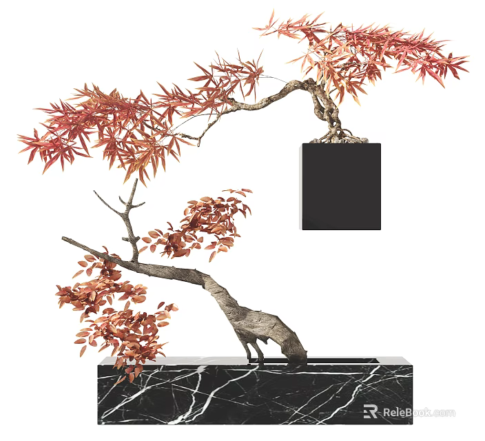 Bonsai Plant With Red Maple Leaves Curved Trunk Black Square Pot And Marble Base 3d model 