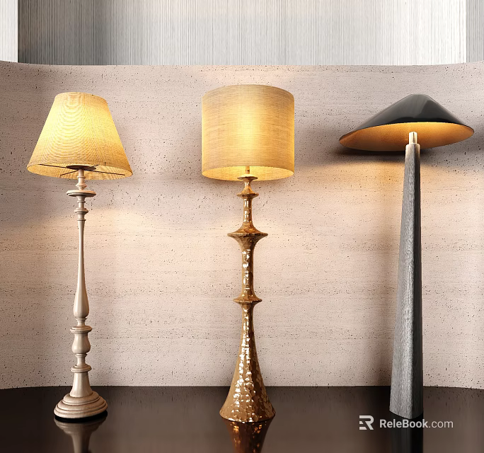 Three Modern Floor Lamps With Decorative Bases And Fabric Shades For Home Decor 3d model 
