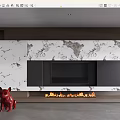 Modern TV Wall Design With Marble Texture Black Panels Fireplace And Red Sculpture