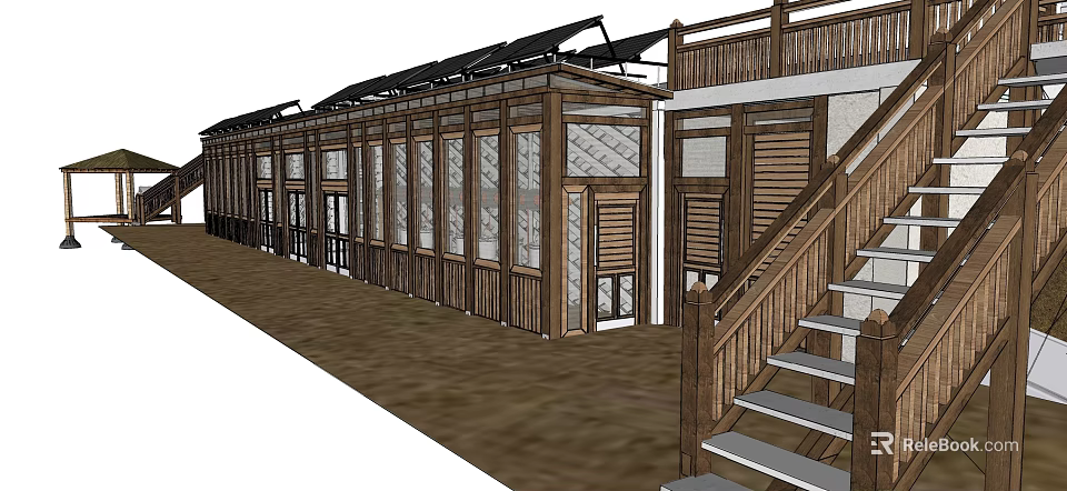 School Building with Wooden Structure Large Windows Solar Panels Staircase and Balcony 3d model 