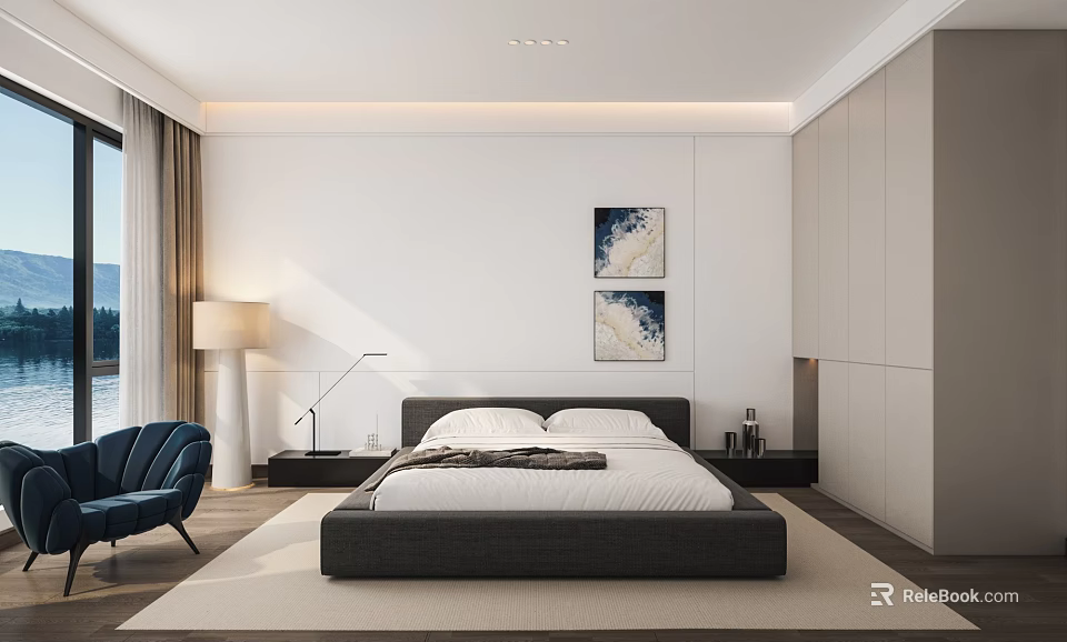 Modern Bedroom Interior With Platform Bed Blue Chair Wall Art And Large Window 3d model 