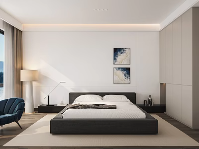 Modern Bedroom Interior With Platform Bed Blue Chair Wall Art And Large Window 3d model