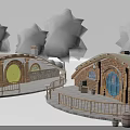 Hobbit Style Wooden House With Green Grass Roof Colorful Doors Wooden Fence And Trees Around