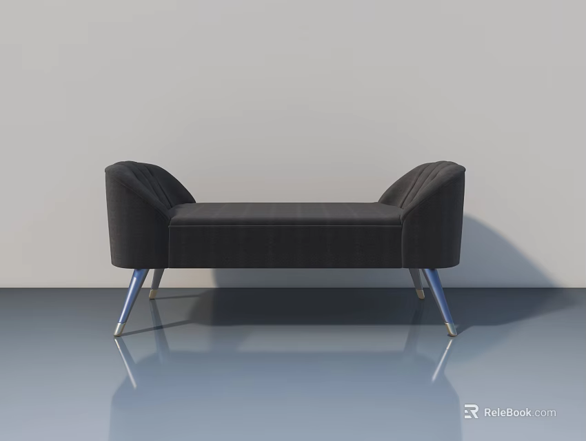 Modern Black Bench With Metal Legs On Sleek Floor And Gray Wall 3d model 