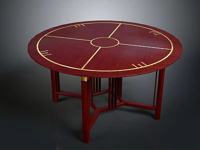 Red Round Table With Gold Decorative Lines Unique Cross Leg Structure Elegant Wooden Furniture Piece 3d model