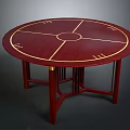 Red Round Table With Gold Decorative Lines Unique Cross Leg Structure Elegant Wooden Furniture Piece