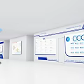 Modern Exhibition Hall With Curved White Walls Display Counters And Floor to Ceiling Windows