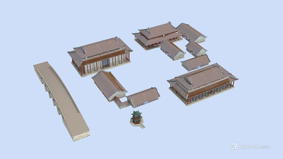 Ancient Chinese Architecture Complex With Traditional Roofs Courtyard And Bridge Design 3d model 