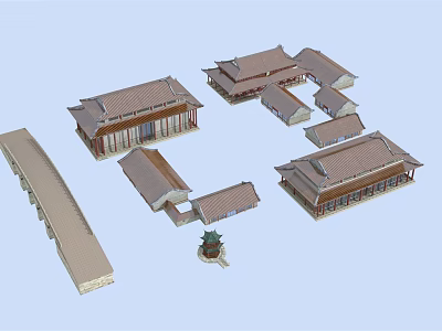Ancient Chinese Architecture Complex With Traditional Roofs Courtyard And Bridge Design 3d model