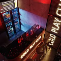 Vibrant Play Club Interior With Neon Grid Ceiling Circular Decor Bar Counter And High Stools
