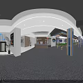 Modern Dining Area With Round Tables White Brown Chairs Glass Partitions And Decorative Ceiling