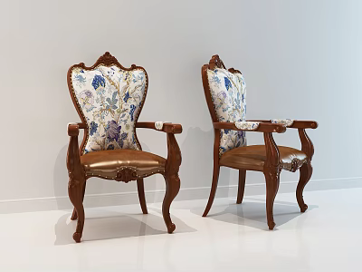 Classic Wooden Dining Chairs With Floral Upholstered Backrest Armrests And Curved Legs 3d model