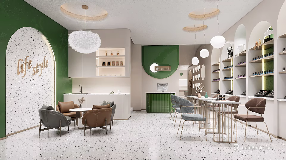 Luxury Beauty Salon Interior Design with Green Walls White Pendant Lights Curved Arches and Shelves 3d model 