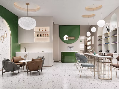 Luxury Beauty Salon Interior Design with Green Walls White Pendant Lights Curved Arches and Shelves 3d model