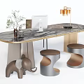 Modern Home Office Desk With Marble Top Laptop Lamp Plant And Stools