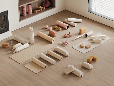 Fitness Equipment With Rolled Yoga Mats Foam Rollers And Exercise Blocks On Floor 3d model