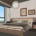 Cozy Modern Bedroom Interior With Wooden Bed Woven Headboard Hanging Lamps And Framed Paintings