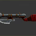 Fantasy Style Weapon With Blue Orange Striped Body Conical Front Silver Blade And Red Cloth