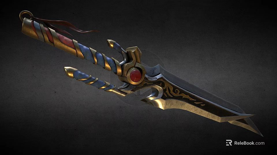 Ornate Mythical Sword With Twisted Colorful Hilt Golden Accents And Red Gemstone Engraved Blade 3d model 